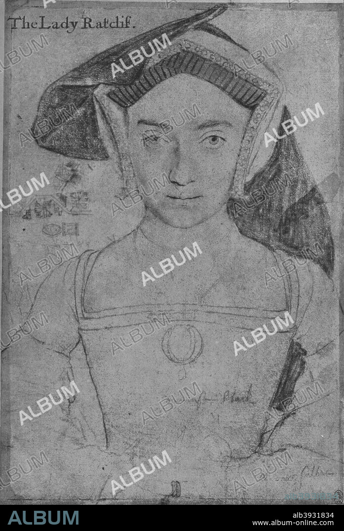 'Lady Ratcliffe', c1532-1543 (1945). Mary Arundell (died 20 or 21 October 1557), was the only child of Sir John Arundell (1474-1545) of Lanherne, Cornwall, by his second wife, Katherine Grenville. She was a gentlewoman at court in the reign of King Henry VIII.The drawing is part of the Royal Collection Trust, Windsor Castle. From The Drawings of Holbein at Windsor Castle by K. T. Parker. [The Phaidon Press Ltd, Oxford & London, 1945].