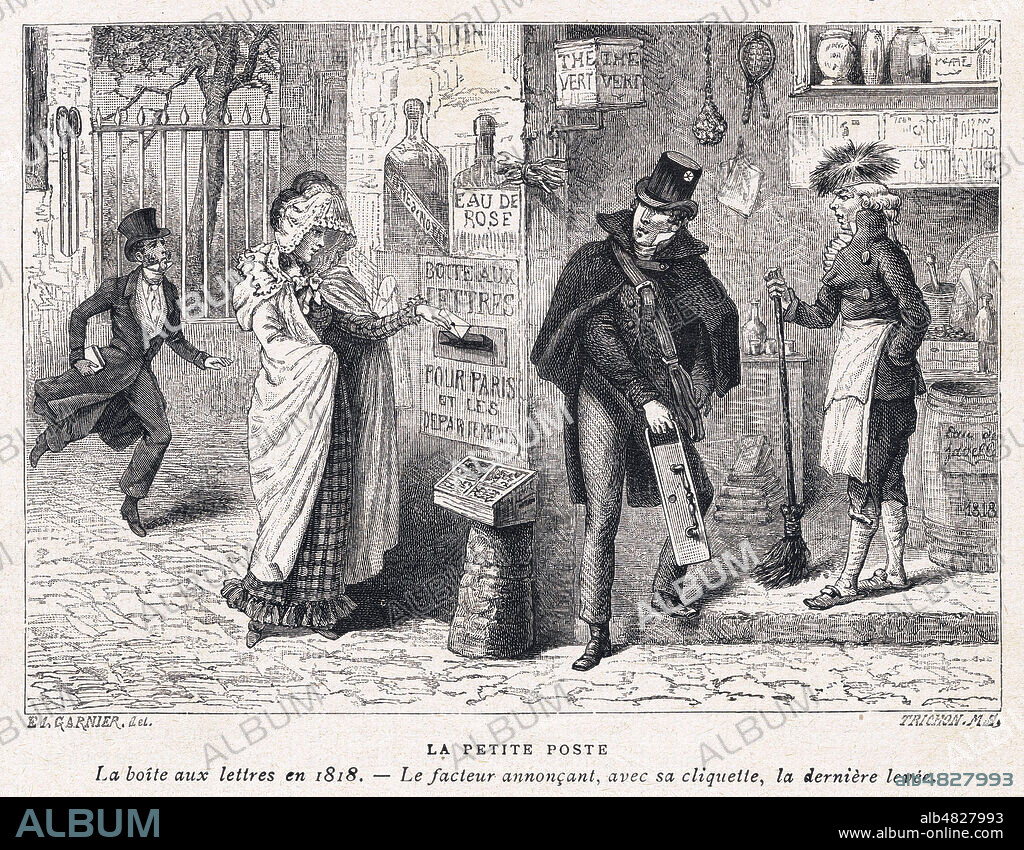 La petite Poste. La boite aux lettres en 1818. Le facteur annoncant avec sa cliquette la derniere levee. Illustration de Ed. GARNIER (19 s.) pour Le Journal des Voyages du 23 janvier 1898. Credit : Collection Jonas/Kharbine-Tapabor.