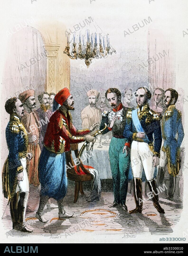 Meeting between Ibrahim Pasha and Colonel Seve. Pasha, the son of Muhammad Ali Pasha, Ottoman Viceroy of Egypt. Ibrahim Pasha (1789-1848) commanded the Egyptian army. After his father became senile Ibrahim ruled Egypt. Suleiman Pasha al-Faransawi (Suleiman Pasha 1788 - 1860) was born Joseph Anthelme Seve; a French-born Egyptian commander. Watercolour by the French painter Jean-Adolphe Beauce (1818 - 1875).