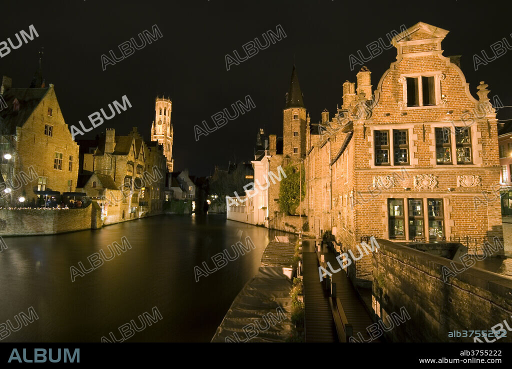 Rozenhoedkaai (Rosary Quay) and the Belfry at night, Bruges, UNESCO World Heritage Site, West Vlaanderen (Flanders), Belgium, Europe.
