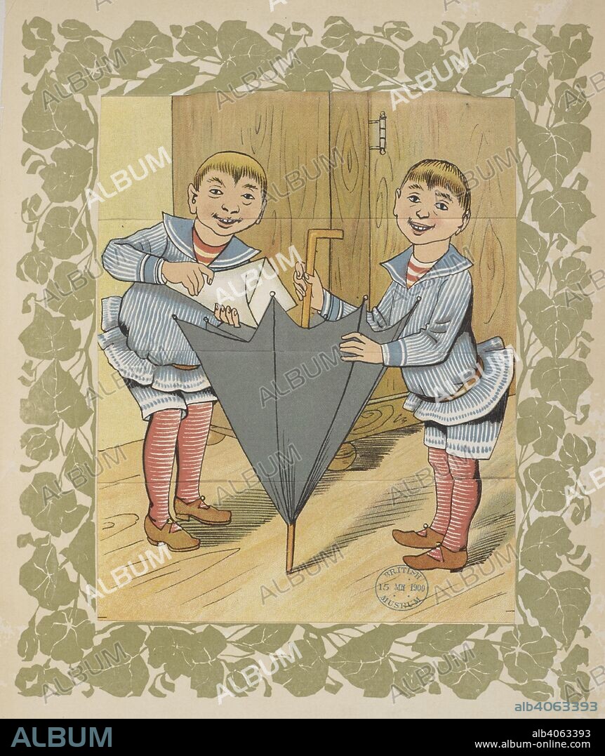 LOTHAR MEGGENDORFER. Two boys holding an umbrella and pouring a substance into it, to play a practical joke. The Tricks of Naughty Boys. (A series of amusing transformation scenes.). London : H. Grevel & Co., 1900. Source: 12807.s.80 page 6.