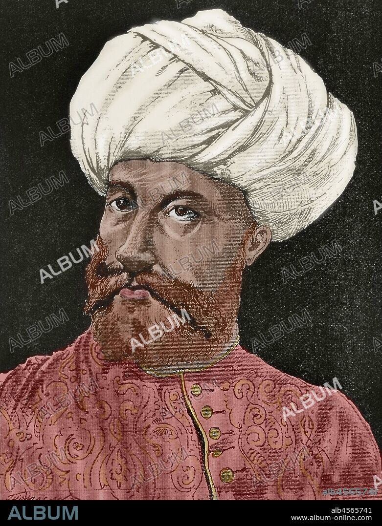 Jeireddín Barbarroja (1475-1546). Almirante otomano y corsario turco al servicio del sultán Suleimán I. Grabado. "Museo Militar del Ejército Español", Tomo I. Evaristo Ullastres Editor. Barcelona, 1883. Coloreado.