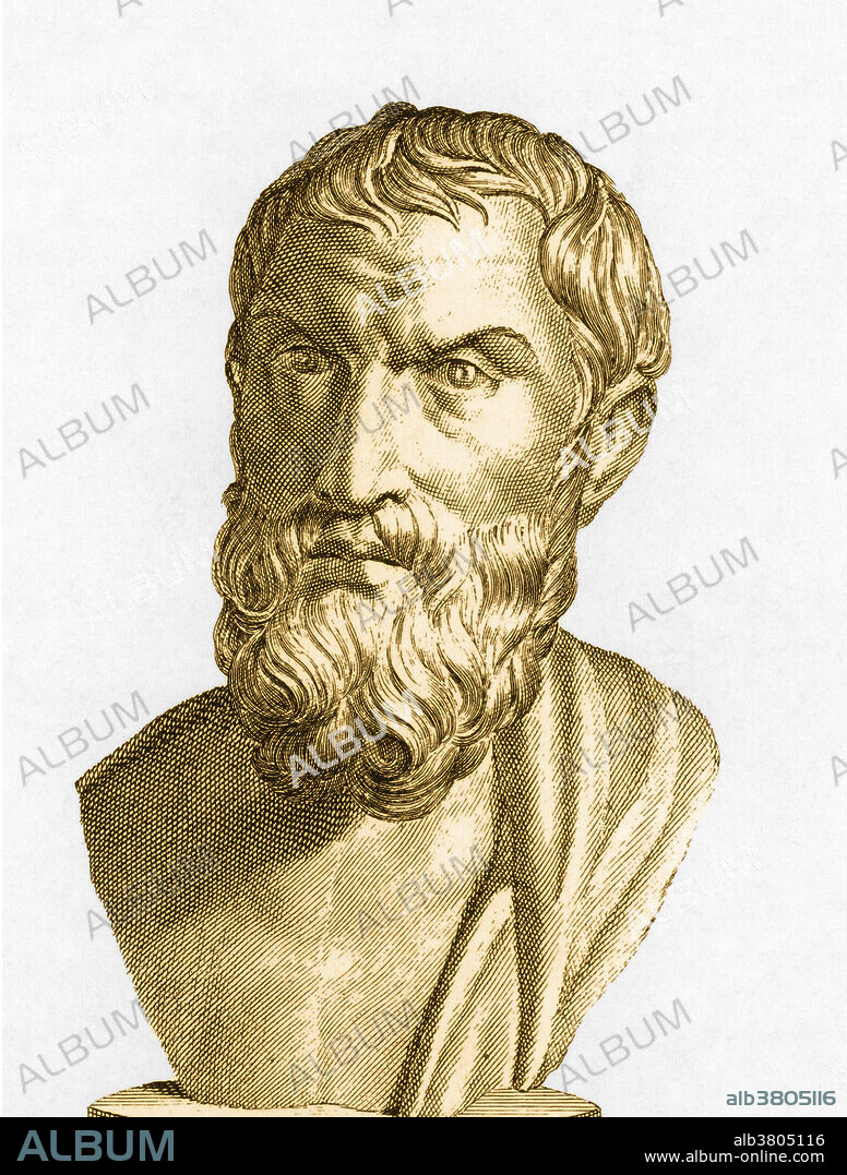 Etching of a statue of the small bust of Epicurus, in bronze. The Statue is found in volumes of Herculaneum from 1793-1809. Greek philosopher Epicurus (c.341-270 BC), extended the idea (due to Democritus) that matter consists of atoms, differing in size and shape. In 305 BC, Epicurus established a successful school of philosophy in Athens, where he lived. He is said to have written over 300 scholarly volumes on varied subjects, but only fragments of his work survived.