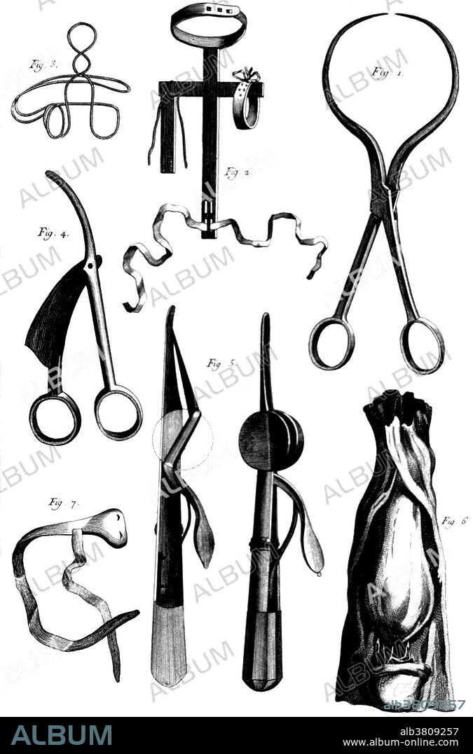 Instruments and apparatus to correct medical conditions include: tweezers or lithotomy forceps known as d'helvetiennes, a machine to correct a hunchback, lancets, devices to relieve hernias, one of which is a Le Dran hernial bistoury, and a bandage to contain a hernia. Lithotomy is a surgical method for removal of calculi, stones formed inside certain hollow organs, such as the bladder and kidneys and gallbladder, that cannot exit naturally through the urethra, ureter or biliary duct.