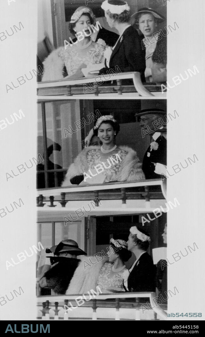 Queen At Ascot Ladies Day. Queen Elizabeth II at Royal Ascot for Ladies Day today, June 17, chats with friends in the Royal Box and in the bottom photo, points out what looks like a good thing to her companion. June 17, 1954. (Photo by Associated Press Photo).
