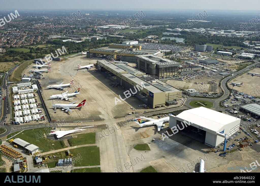 Heathrow Airport, London, 2006. An aerial view of London Heathrow airport showing the service area with Boeing 747 and Concorde aircraft.