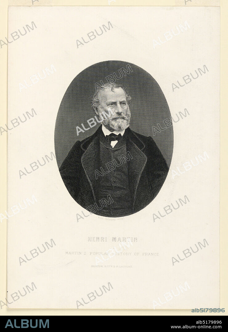 Portrait of Henri Martin, Ferdinand Delannoy, Engraving on paper, Within an oval is a half-length portrait of the French historian, Henri Martin (1810-1883), shown facing frontally, his gaze directed toward the right. He wears a short beard and black bow tie. Illustration for Martin's 'Popular History of France.', USA, ca. 1880, Print, Print.
