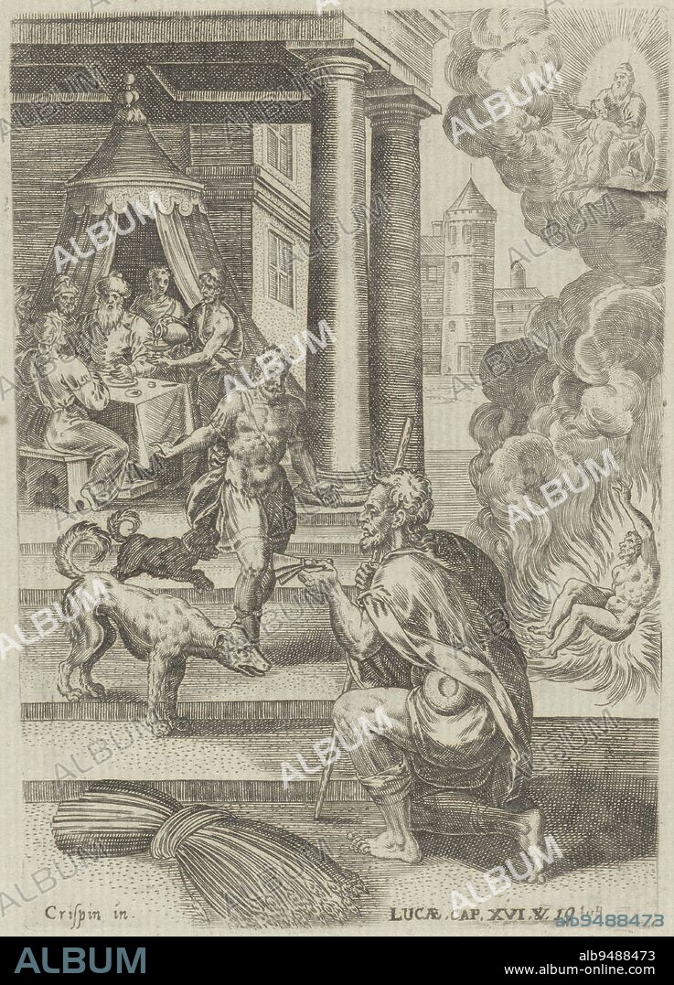 Book illustration of the parable of Lazarus and the rich man (Luke 16:19-31). The beggar Lazarus kneels before the house of a rich man. He begs for some food. The rich man merely sends his two dogs to lick the man's sores. When both die, Lazarus ends up in heaven, while the rich man must burn in hell. Although the rich man begs for help, it is denied him. He should have offered help in his time of life. The print includes a caption with a reference to the accompanying Bible passage, Parable of Lazarus and the Rich Man Scenes from the Bible Biblia sacra , print maker: Abraham de Bruyn, (mentioned on object), Crispijn van den Broeck, (mentioned on object), Christoffel Plantijn, Antwerp, 1583, paper, engraving, h 162 mm × w 112 mm.