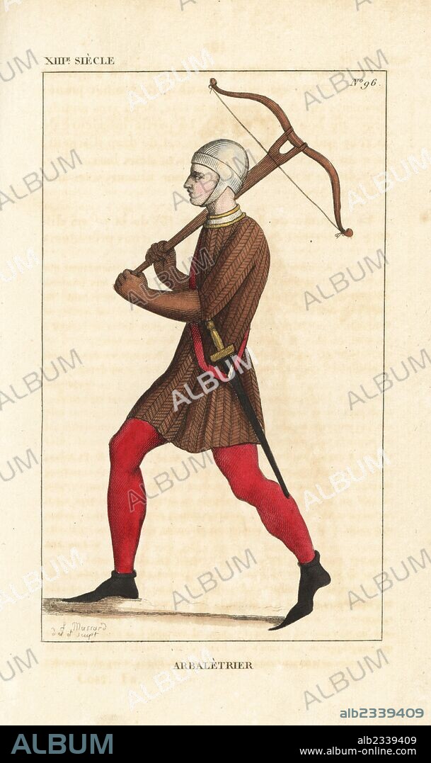 French crossbowman, 13th century. He wears a salade or sallet helmet, and a jaque (shirt) made of armoured deer skin (leather reinforced with wire). He carries a sword and crossbow, and wears long pointed shoes (cracows or poulaines). Handcoloured copperplate drawn and engraved by Leopold Massard from "French Costumes from King Clovis to Our Days," Massard, Mifliez, Paris, 1834.