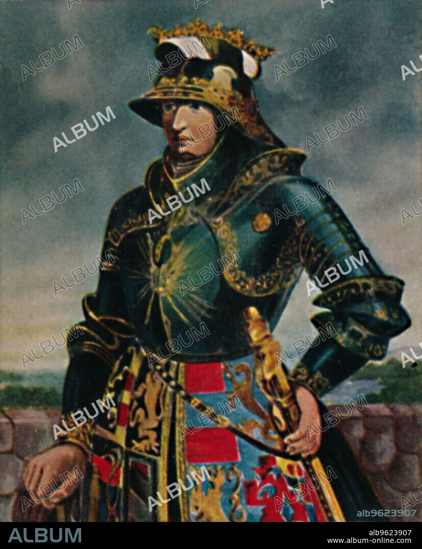 'Kaiser Maximilian I. 1459-1519'. 1934. Portrait of Emperor Maximilian (1459-1519), Holy Roman Emperor from 1493-1519. He established the Habsburg dynasty as a European power. From "Die Großen der Weltgeschichte". [Eckstein-Halpaus, Dresden, 1934].