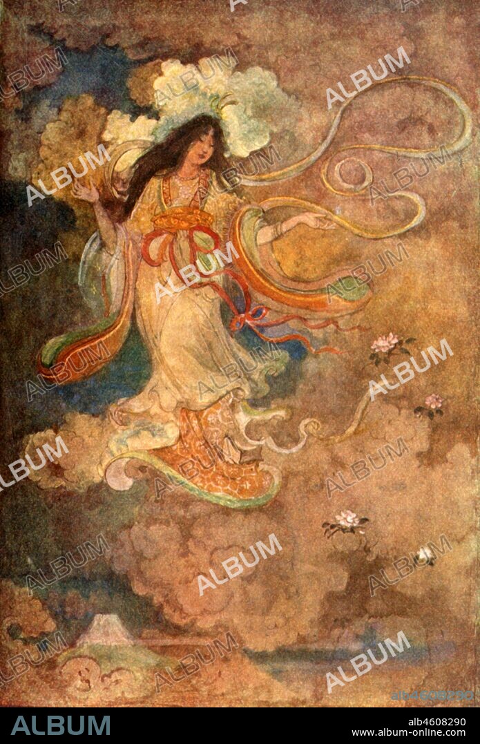 EVELYN PAUL. 'Sengen, the Goddess of Mount Fuji', 1912. Sengen is the Shinto Goddess of Fujiyama, the highest mountain in Japan, considered the most holy. She is blossom-princess and symbolises delicate earthly life. From "Myths & Legends of Japan", by F. Harland Davis. [George G. Harrap & Company, London, 1912].