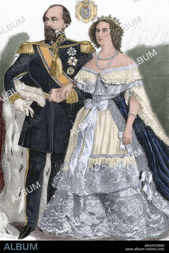 Guillermo III (Bruselas,1817-Castillo de Loo, 1890). Rey de los Países Bajos y gran duque de Luxemburgo (1849-1890). Hijo de Guillermo II. Guillermo III de Holanda con su esposa, Sofía Federica, Princesa de Wurtemberg. Grabado del año 1862. Coloreado.