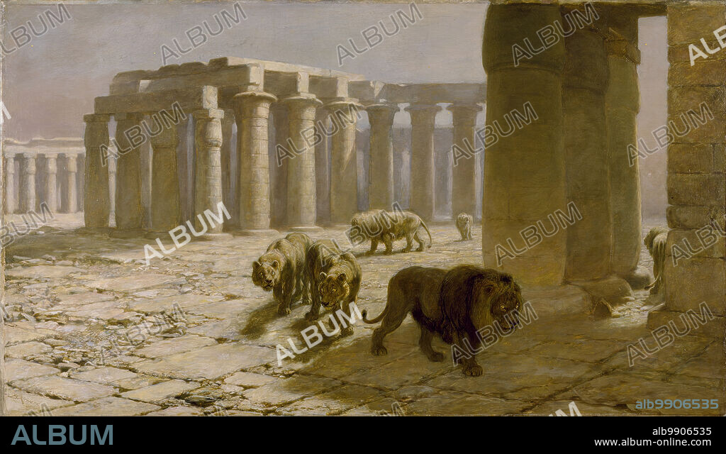 BRITON RIVIERE. Syria, The Night Watch, 1880. In 1880 this picture, a moonlit scene in which ferocious looking lions stalk among some ancient ruins, met with a favourable reception at the Royal Academy, where it was listed simply as "The Night Watch." The reviewer for "The Art Journal" identified the setting as a temple at Luxor. The rows of columns with bud and papyriform capitals approximate in appearance those at the mortuary temple of Ramesses II at that site. By 1884 the picture had received its present title. Extracts from a letter presumably from the artist to William T. Walters, published in the early catalogues of the collection, associated the painting with Syria and its desolated ancient cities. In 1889 the critic Alfred Mathews observed that the picture was "a sermon- an intense symbolism- of the seeming slow but always swift mutations of time in the affairs of men and nations.".