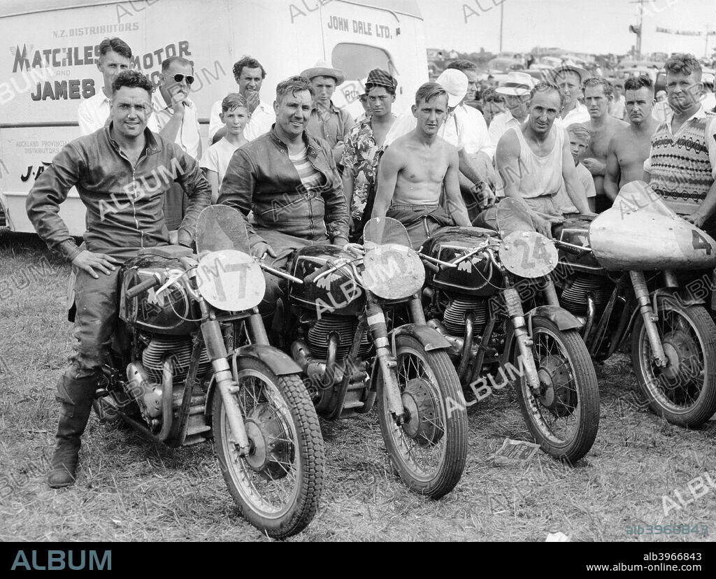 Matchless motorbike racing team. Lined up in front of their team bus.
