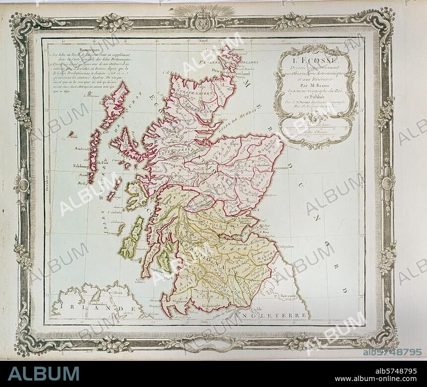 Scotland / Maps. "L'ECOSSE". Copper erngraving with coloured frontiers, after Brion. Paris (St. Desnos) 1790. Paris, private collection.