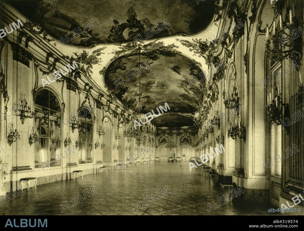 The Great Gallery, Schönbrunn Palace, Vienna, Austria, c1935. The Gallery was used for balls, receptions and as a banqueting hall from the mid-eighteenth century. It is over forty metres long and almost ten metres wide. The palace was the main summer residence of the Habsburg rulers. From "Österreich - Land Und Volk", (Austria, Land and People). [R. Lechner (Wilhelm Müller), Vienna, c1935].