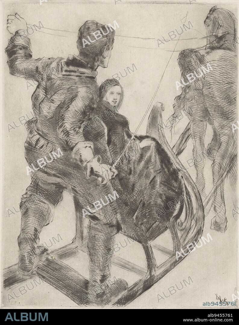 A man and a woman in a sleigh pulled by a horse. The man is holding a whip and the reins of the horse in his hands, Man and woman in a sleigh (original title)., print maker: Willem van Konijnenburg, (mentioned on object), printer: Hein von Essen, (mentioned on object), Dec-1927, paper, etching, h 267 mm × w 207 mm.