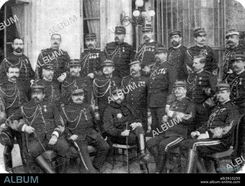 Georges Boulanger, French general and politician, with other army officers, 1888. A reactionary politician, Boulanger (1837-1891) gained great popularity in the second half of the 1880s, particularly with the monarchists. By 1889 a coup d'etat to install Boulanger as military dictator seemed a real possibility, but after the government charged him with conspiracy and involvement in treasonable activity, he fled into exile. Support for the Boulangist movement dwindled without its leader and in 1891 he committed suicide, shooting himself in the head in Ixelles Cemetery in Brussels. A photograph from Album de Photographies dans L'Intimite de Personnages Illustres, 1850-1900, 2nd album, Editions MD, Paris.
