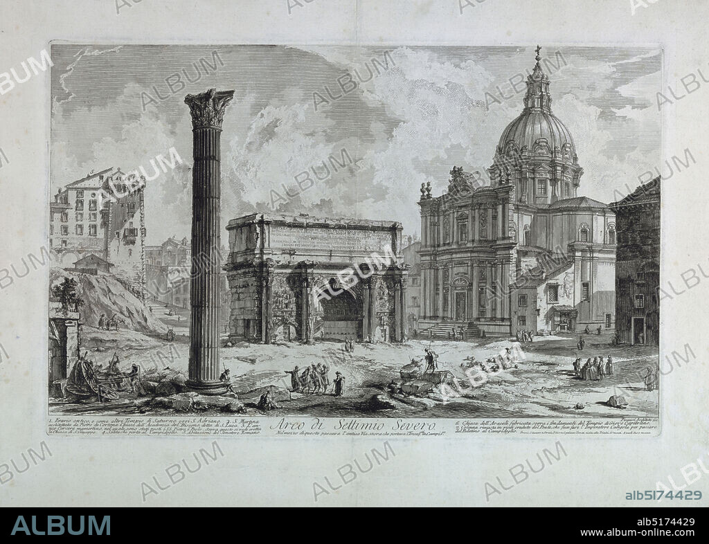 Arch of Septimius Severus from 'Vedute di Roma', Giovanni Battista Piranesi, Italian, 17201778, Etching, Horizontal Rectangle. Arch of Septimus Severus in center at mid-distance. Right: the church, SS Martina e Lucca; left foreground, column of PHOCAS; lower right, 'Piranesi Architetto fec.'; title, in center; text along left margin: 'Erario antic ... al campidoglio'. Lower right: 'Presso l'autore a Strada Felice...a paoli due e mezzo'., Italy, 1759, Print, Print.