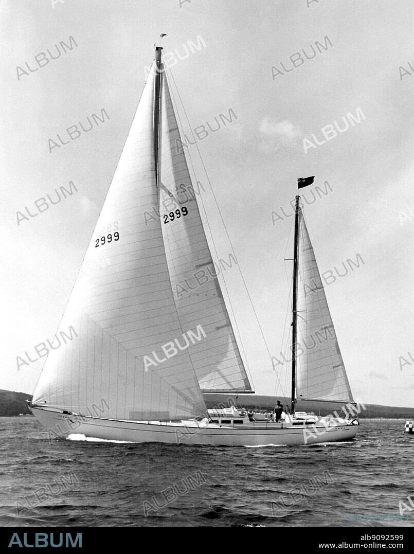 Robin Knox-Johnston, the first man to sail single-handed non-stop round the world, chose Terylene for the sails of his new glass-fibre boat Ocean Spirit which won the 1970 Round Britain race within a few weeks of being launched. Terylene and ICI nylon are also used for the ropes.. ©TopFoto.