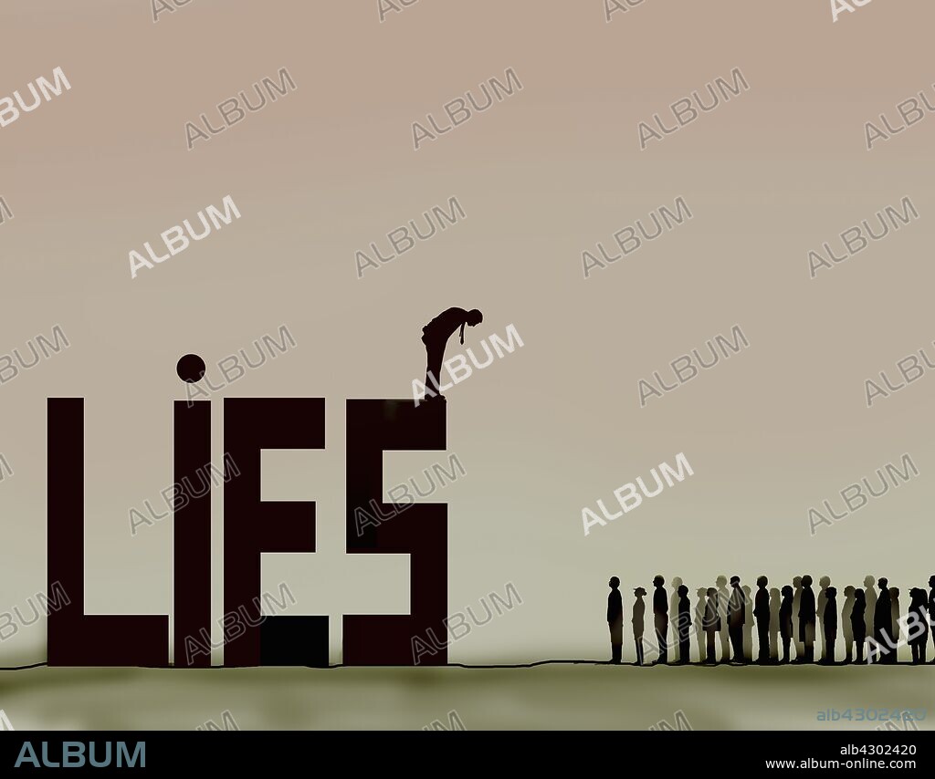 Man looking down at crowd from top of word lies in large letters.