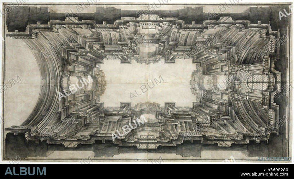 ANDREA POZZO. Illusionistic Architecture for the Vault of San Ignazio. Dated: 1685/1690. Dimensions: overall: 50.4 x 91.2 cm (19 13/16 x 35 7/8 in.). Medium: pen and gray and brown ink with gray wash on two joined sheets of heavy laid paper.