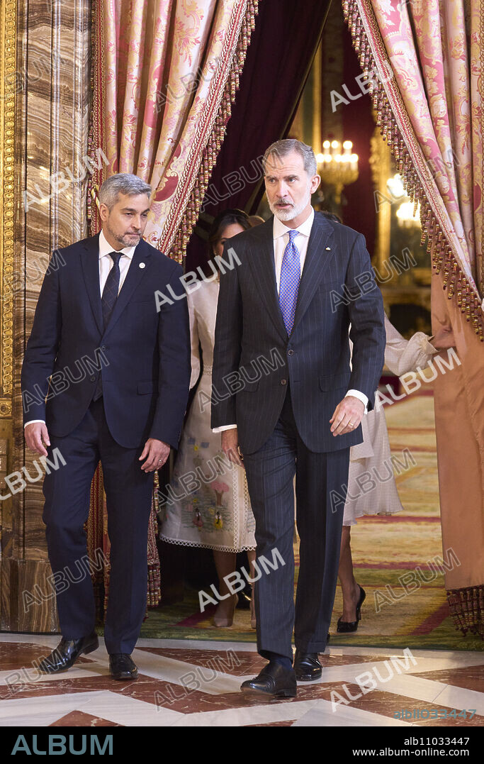 King Felipe VI of Spain, Mario Abdo Benítez, President of Paraguay attends lunch with President of Paraguay Mario Abdo Benitez and wife Silvana Lopez Moreira at Royal Palace on November 3, 2022 in Madrid, Spain.