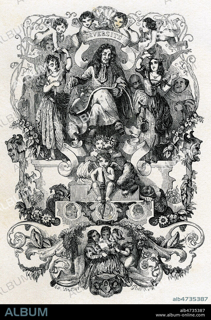 Diversite. Jean de LA FONTAINE (1621-1695) ecrivant entoure d'amours. Frontispice iIllustre en 1839 par Edouard WATTIER (1793-1871) pour Contes et nouvelles de La Fontaine. Credit : Coll. Jonas/KHARBINE-TAPABOR.