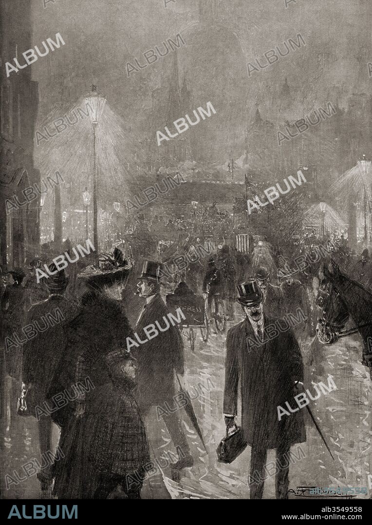 Thick fog at Ludgate Circus, London, England, in the late 19th century. Pea soup, or a pea souper, aka black fog, killer fog or smog was a very thick and often yellowish, greenish, or blackish fog caused by air pollution that contained soot particulates and the poisonous gas sulfur dioxide from all the coal fires which were burning in London in the late 19th century. From Living London, published c.1901.