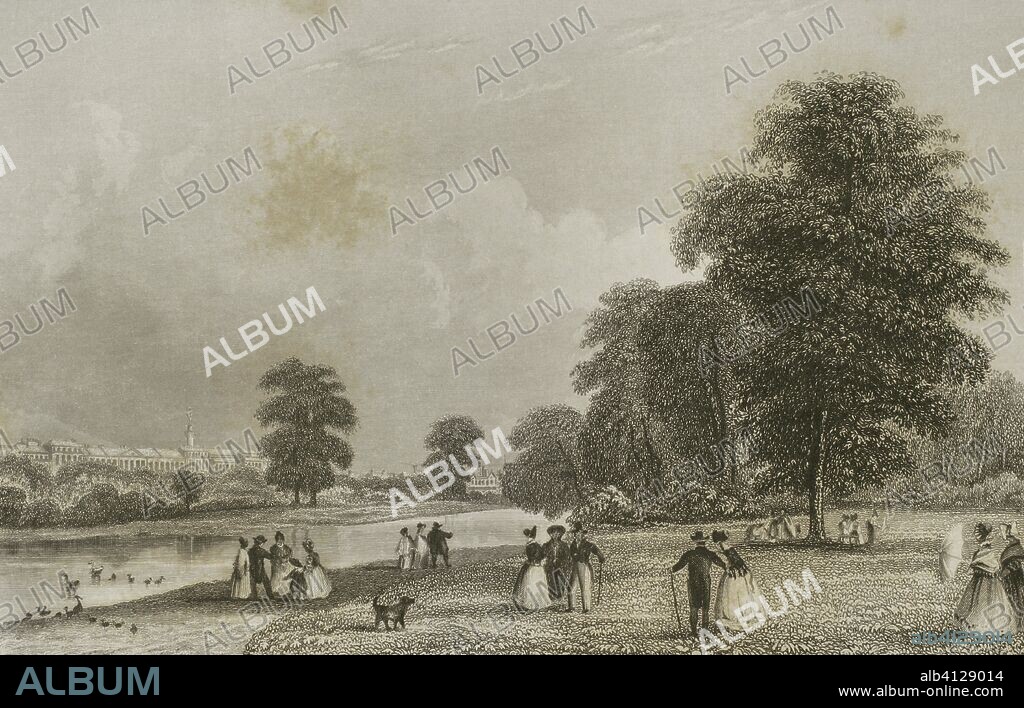 Reino Unido. Inglaterra. Londres. St. James's Park. Westminster. Estampa antigua del parque con personas sentadas y paseando por los alrededores del lago. Grabado por John Woods (fl. 835-1855) a partir de un dibujo del pintor paisajista John Francis Salmon. "London and its Environs", h. 1840 (Londres y sus Alrededores). Biblioteca Histórico Militar de Barcelona, Cataluña, España.