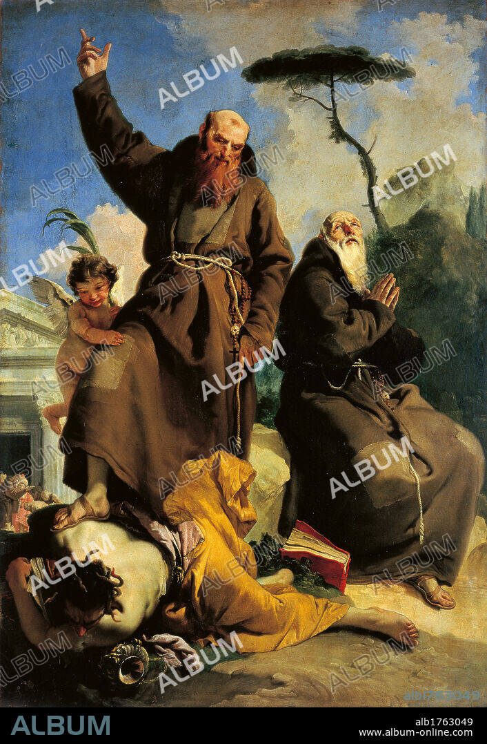 St Fidelis of Sigmaringen and St Joseph of Leonessa, by Giambattista Tiepolo, 1752-1758 about, 18th Century, oil on canvas, cm 247 x 171. Italy, Emilia Romagna, Parma, National Gallery. All. St Fidelis of Sigmaringen Capuchin friars habit prayer putto trample heresy snakes Joseph of Leonessa chiaroscuro light blue azure white yellow green light. Authorization required for non editorial use.