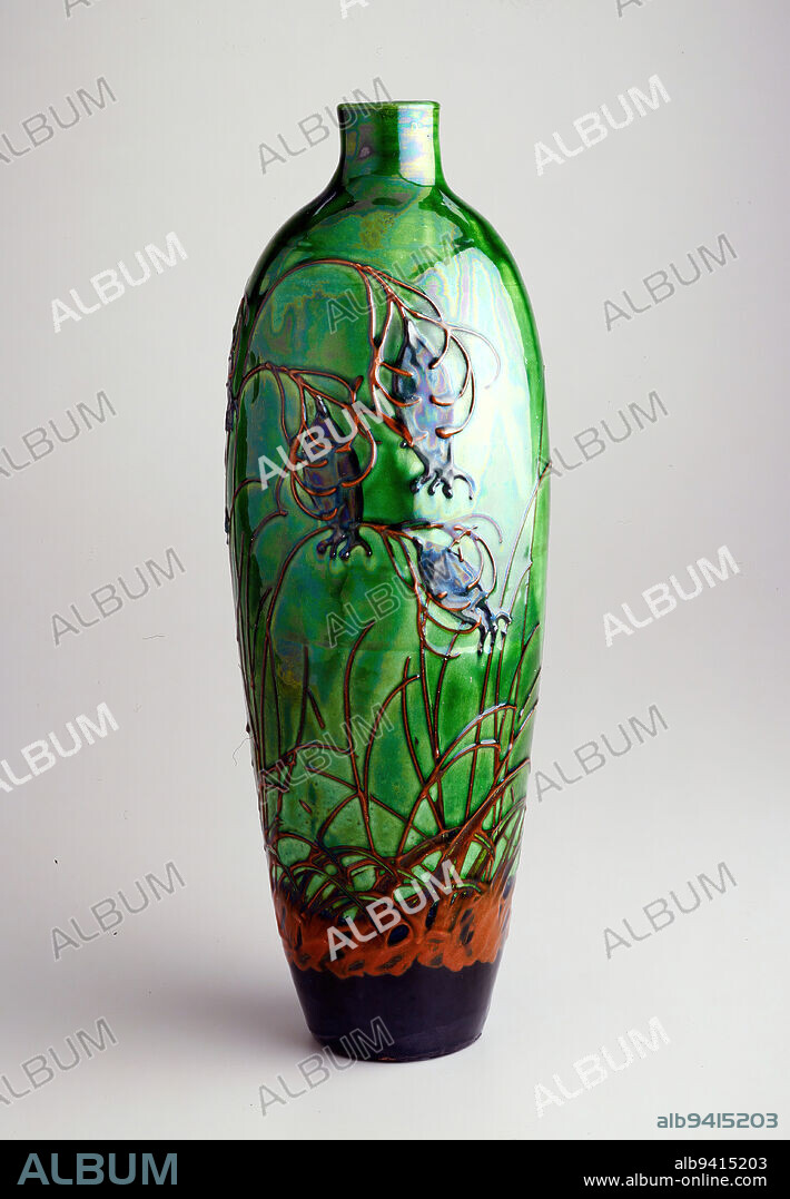 Vase, c. 1897, Max Laeuger; Manufacturer: Tonwerke, German, 18641952, 15 1/2 x 5 1/2 in. (39.37 x 13.97 cm), Glazed earthenware with slip decoration, Germany, 19th-20th century, Max Laeuger was a painter, designer, architect, and graphic artist. His ceramic pieces, which are characterized by organic surface ornament and bright color, were manufactured by the Tonwerke Kandern Pottery between 1895 and 1913.