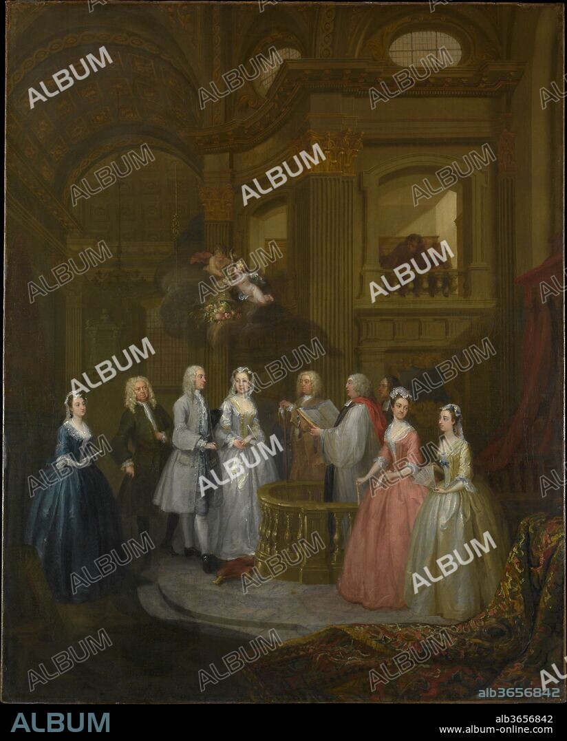The Wedding of Stephen Beckingham and Mary Cox. Artist: William Hogarth (British, London 1697-1764 London). Dimensions: 50 1/2 x 40 1/2 in. (128.3 x 102.9 cm). Date: 1729.
This wedding group is one of the artist's first essays in the fashionable genre of the conversation piece. Beckingham, a London lawyer, and his bride are flanked by members of their families. The marriage took place at St. Benet's but the setting is based on the church of St. Martin-in-the-Fields in Trafalgar Square. Although Hogarth was sought after for his ability to capture a likeness, the solemn event depicted here seems to have had limited appeal to him by comparison with his famous satirical subjects.