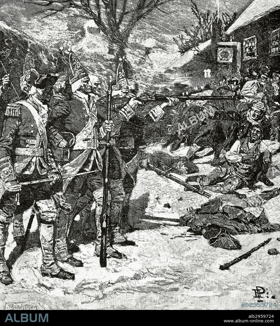 GUERRA DE LA INDEPENDENCIA AMERICANA (1775-1783). "LA MASACRE DE BOSTON" (5 de marzo de 1770) que, junto con el motín del té, dio origen a la rebelión contra los ingleses. Grabado por Howard Pyle. Harper's Magazine, 1883.