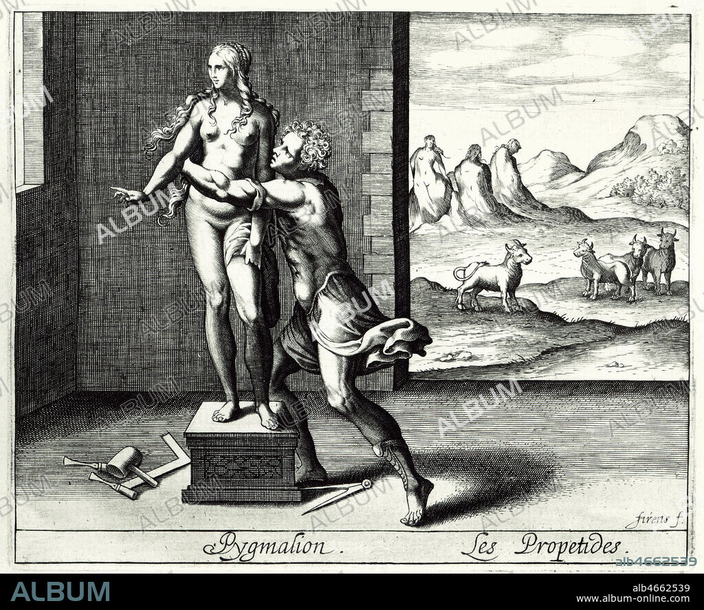 Le sculpteur chypriote Pygmalion et Galatee sa statue d'albatre, prenant vie. Gravure 17eme siecle. 'Pygmalion - Les Propetides'. Au second plan, a l'exterieur dans le paysage on apercoit Les Propetides. Femmes vivants sur l'ile de Chypre presentees comme des prostituees ou des sorcieres se livrant a des sacrifices humains, elles sont punies par Aphrodite et metamorposees en pierre (ou selon les histoires en ivoire) . Ce mythe est relie a celui de Pygmalion et Galatee, condamnant l'independance de moeurs des femmes, contrastant avec la fidelite de la statue, recompensee par la deesse qui lui donne vie. Credit Collection Kharbine Tapabor.