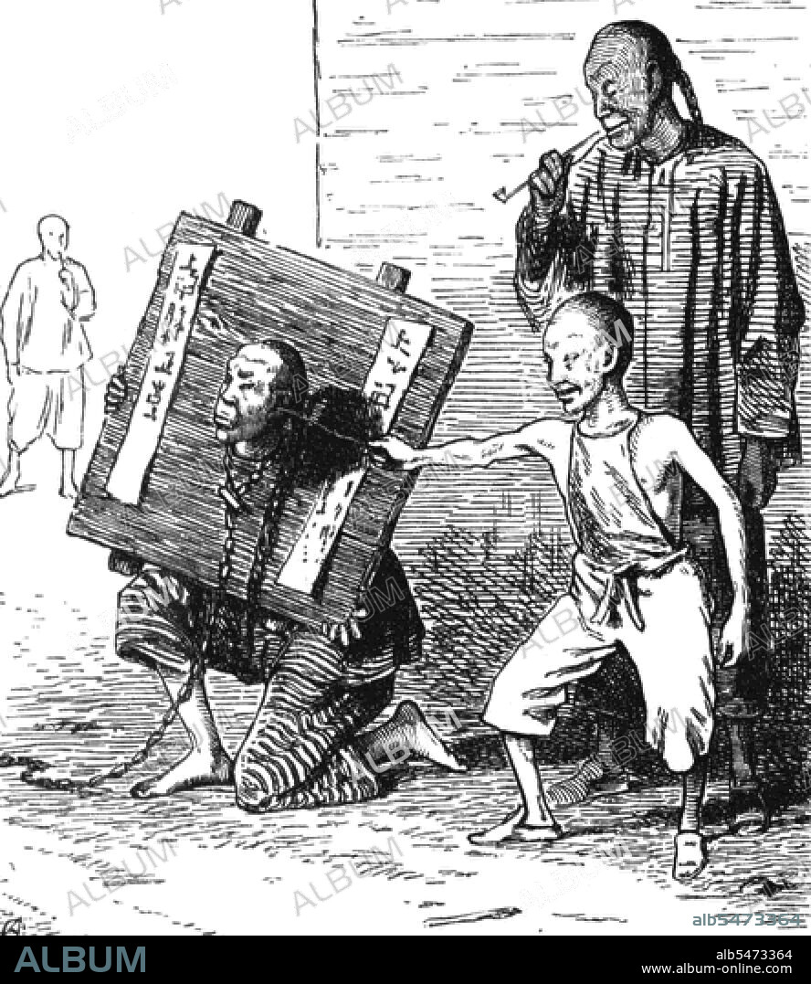 A cangue was a device that was used for public humiliation and corporal punishment in China and some other parts of East Asia and Southeast Asia until the early years of the 20th century. It was somewhat similar to the pillory used for punishment in the West, except that the board of the cangue was not fixed to a base, and had to be carried around by the prisoner.