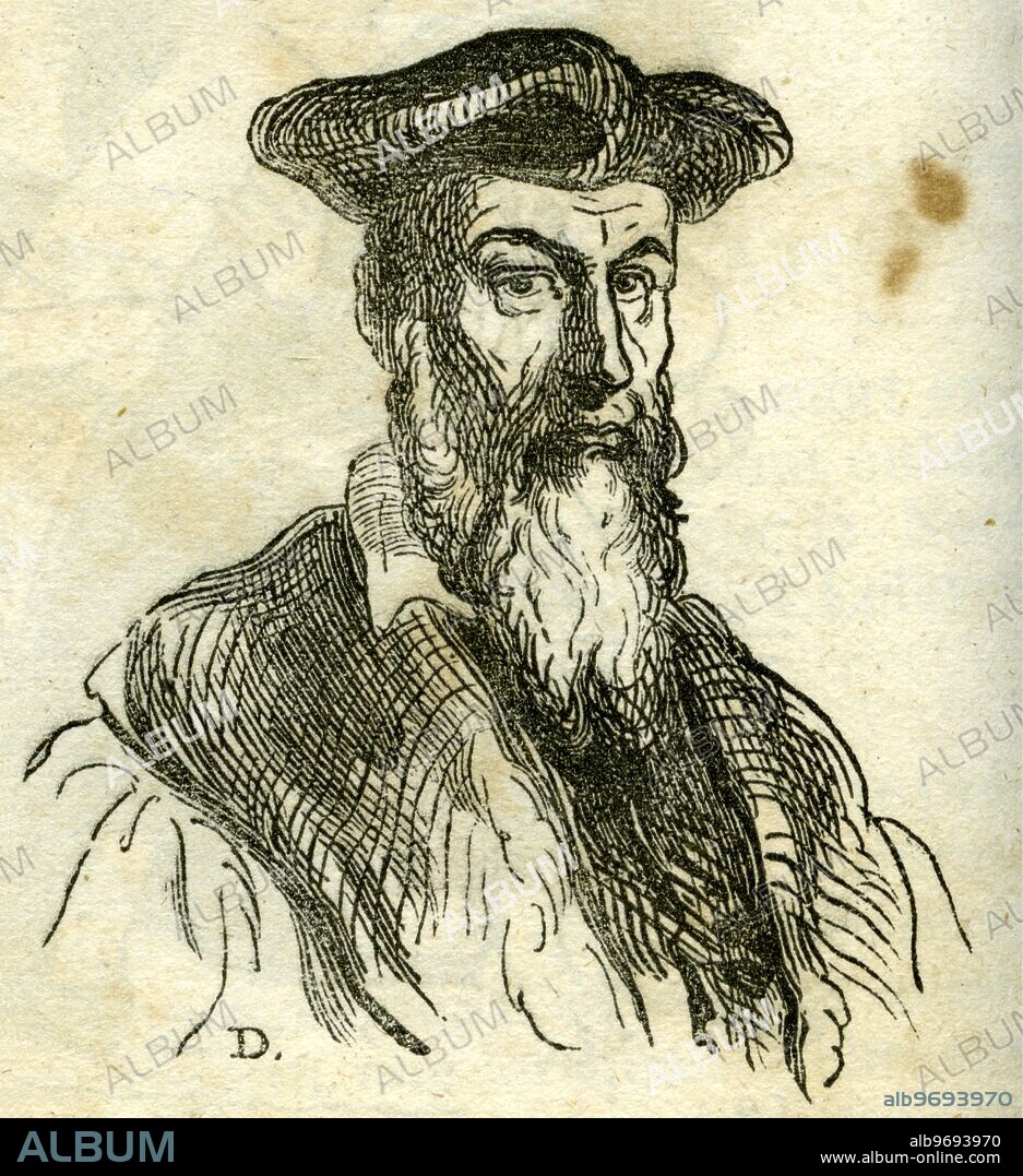 Portrait [presumably originally an ink drawing] of Michel Nostradamus by Honore Daumier. From 'Almanach Prophetique, Pittoresque et Utile pour 1848'. From the library of David Ovason.
