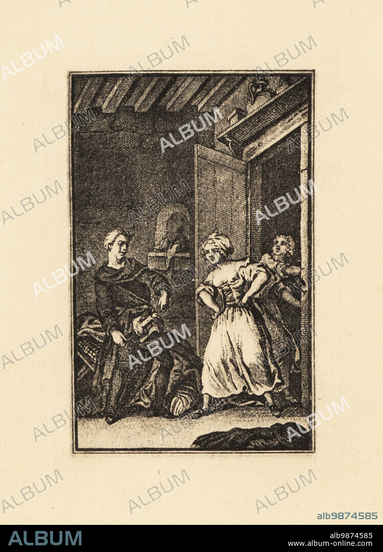A monk exposing himself to two buxom maids in a bedroom, 18th century. Copperplate engraving heliogravure by Francois Rolland Elluin after Antoine Borel from Jean-Charles Gervaise de Latouches Memoiren des Saturnin, von ihm selbst Niedergeschreiben, Privatdruck, Liepzig, 1911. Also known as Le Portier des Chartreux, it was one of several erotic novels written by Latouche, 1715-1782, a lawyer at the Paris Parliament.