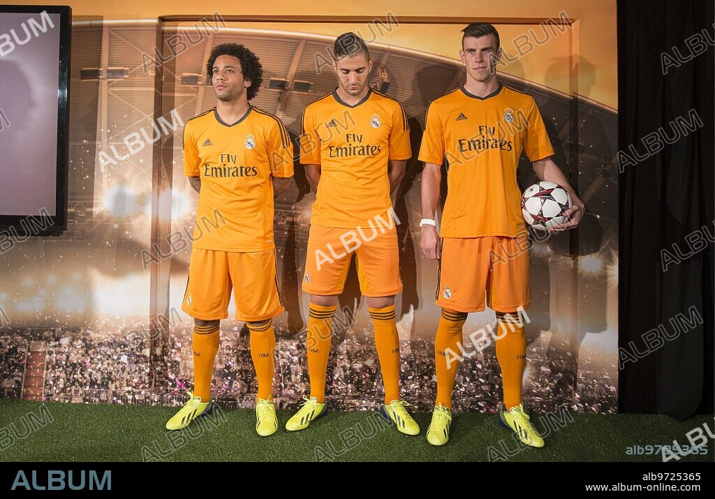 Madrid, September 12, 2013. Marcelo, Benzema and Bale Present the New Real Madrid Shirts for the Champions League. Photo: Ignacio Gil. Ä¶.ArchdcÄ¶. Ignacio Gil.