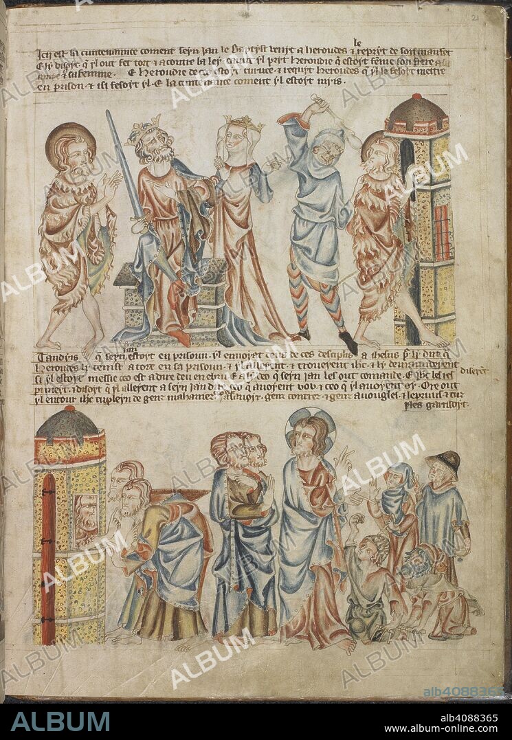 St John the Baptist imprisoned by Herod and his daughter, Salome; Christ is informed of it by two disciples while he is healing the sick and lame. Holkham Bible Picture Book. England, circa 1320-1330. Source: Add. 47682, f.21. Language: French.