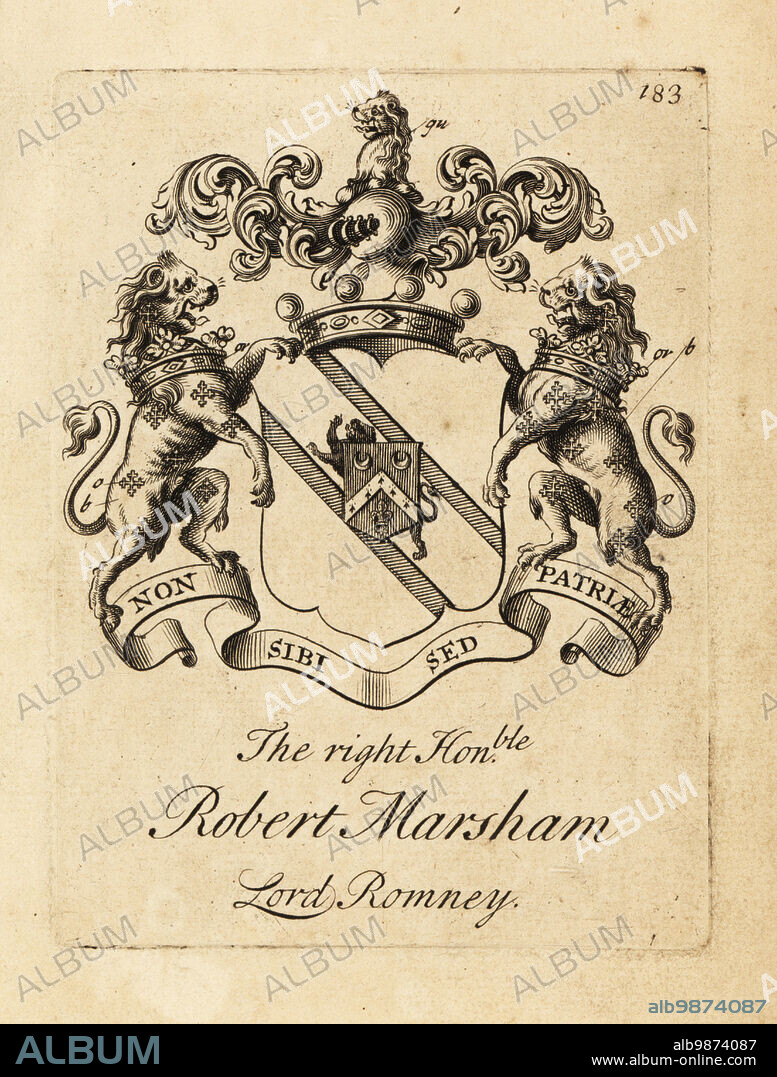 Coat of arms of the Right Honourable Robert Marsham, Lord Romney, 1st Baron Romney, 1685-1724. Copperplate engraving by Andrew Johnston after C. Gardiner from Notitia Anglicana, Shewing the Achievements of all the English Nobility, Andrew Johnson, the Strand, London, 1724.