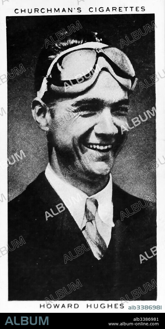 Churchman Kings of Speed Series cigarette card depicting Howard Robard Hughes Jr. (1905 - 1976) American entrepreneur who formed the Hughes Aircraft Company in 1932, hiring numerous engineers and designers. He spent the rest of the 1930s setting multiple world air speed records and building the Hughes H-1 Racer and H-4 Hercules (the 'Spruce Goose'). Dated 20th Century.