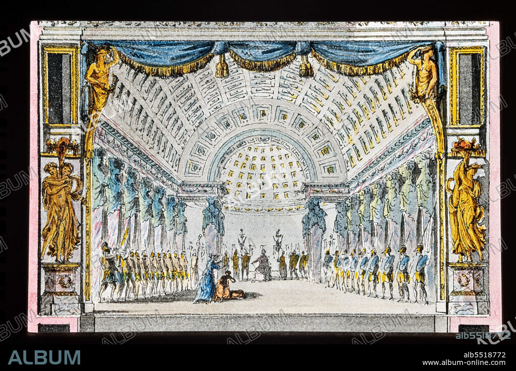 Collection of views LAlbum de Marie - Antoinette. Vues et plans du Petit Trianon à Versailles : page regarding the cross section of the theatre, audience side. The watercolors in the collection were commissioned by the Queen of France to Claude-Louis Châtelet, while the architectural designs are by Richard Mique. Watercolor, pen and ink, 1781. Detail of the proscenium.