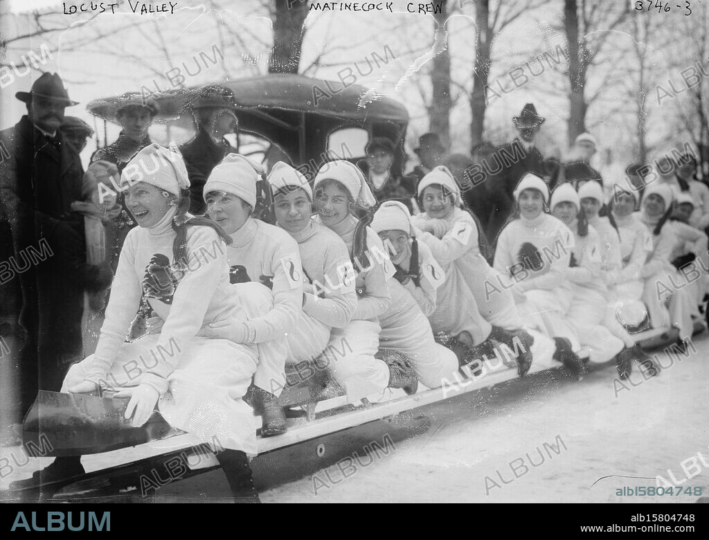 Locust Valley Matinecock crew, Photograph shows the twenty five women who composed the Matinecock crew which competed in the annual bobsled races in Locust Valley, Long Island, New York., between ca. 1915 and ca. 1920, Glass negatives, 1 negative: glass.
