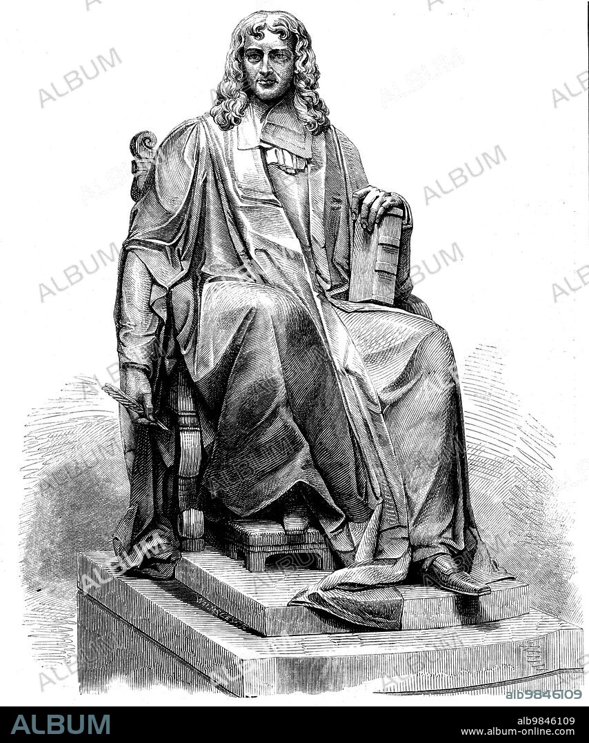 Statue of Dr. Isaac Barrow, inaugurated at Trinity College, Cambridge, on Tuesday last, 1858. This fine statue [in white marble]...was presented to the college by the Marquis of Lansdowne..."The name of Dr. Barrow," says the Rev. Mr. Granger, "will be ever illustrious for strength of mind, and a compass of knowledge that did honour to his country. In mathematical learning he was excelled only by one man, and that was his pupil, the great Sir Isaac Newton." He preceded Newton in the mathematical chair at Cambridge...Barrow was, indeed, a profound scholar and energetic writer, whose inquiries were directed to most branches of human learning, yet his chief predilection was for the study of natural philosophy...This bright example of Christian virtue and prodigy of learning died in the 47th year of his age. He was born October, 1630. The statue now raised to his memory has been produced from the most authentic likenesses of him extant, and is ably designed and executed by Mr. Noble, of Bruton-street, Berkeley-square'. From "Illustrated London News", 1858.