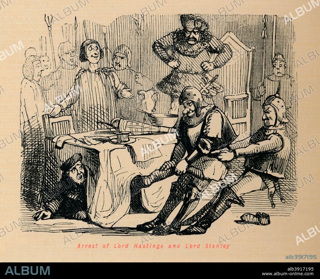 'Arrest of Lord Hastings and Lord Stanley', c1860, (c1860).  A caricature of William Hastings, 1st Baron Hastings (c1431-1483) and Thomas Stanley, 1st Earl of Derby (1435-1504). From The Comic History of England, Volume I, by Gilbert A A'Beckett [Bradbury, Agnew, & Co., London, ].