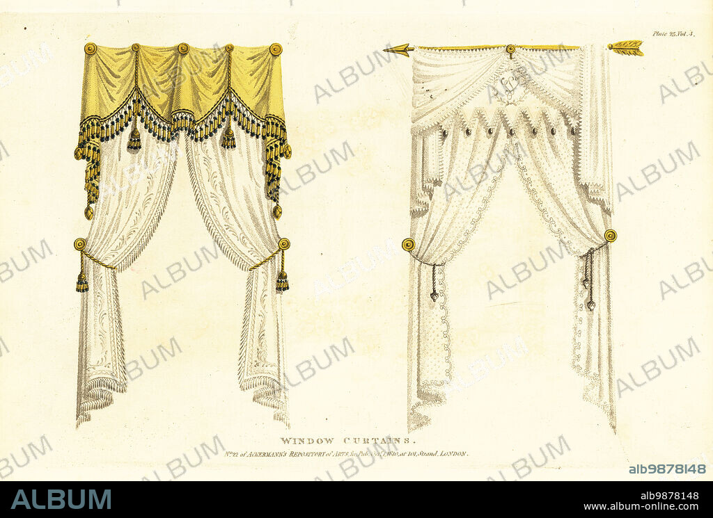 French drapery window curtains, 1810. Lemon-silk drapes and embroidered muslin curtains hanging from large rosette pins, and fine fringed muslin drapery hung over a gilt dart. Handcoloured copperplate engraving from The Upholsterer's and Cabinet-Maker's Repository consisting of seventy-six designs of modern and fashionable furniture, Rudolph Ackermann, London, 1830.