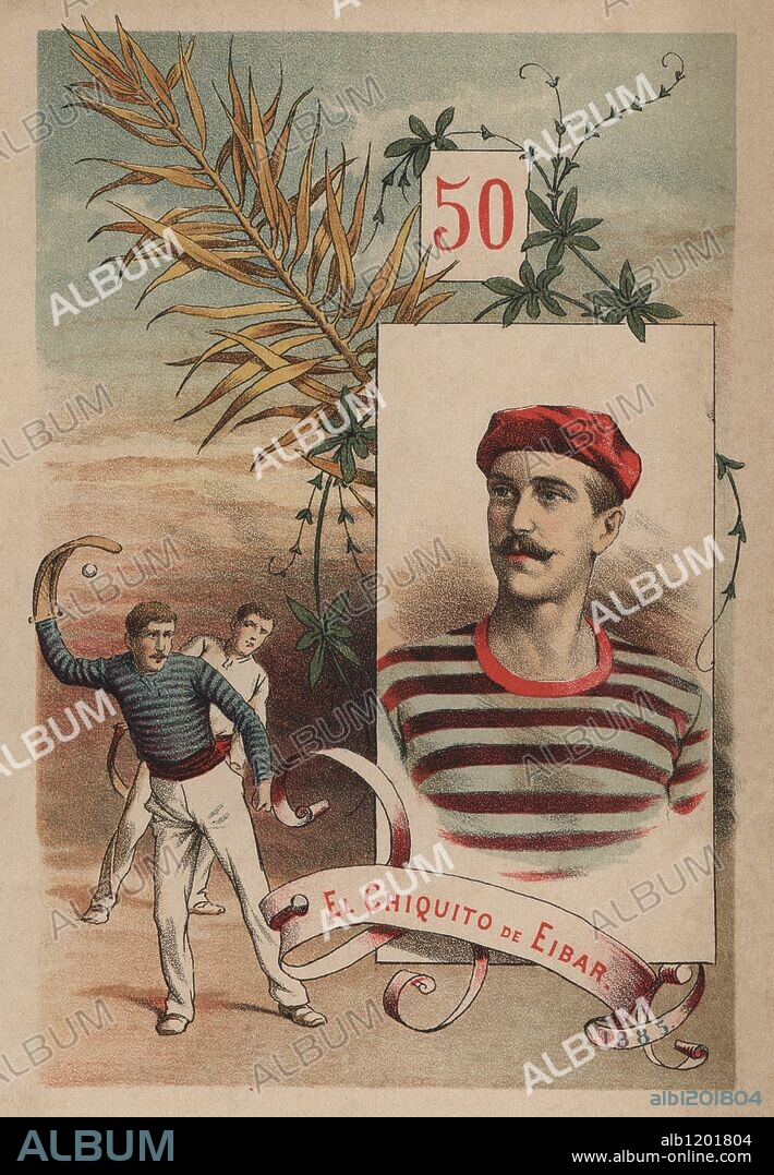 Indalecio Sarasqueta Uriarte (1860-1900), pelotari conocido como "El Chiquito de Eibar" . Jugador a mano, pala, guante y cesta.