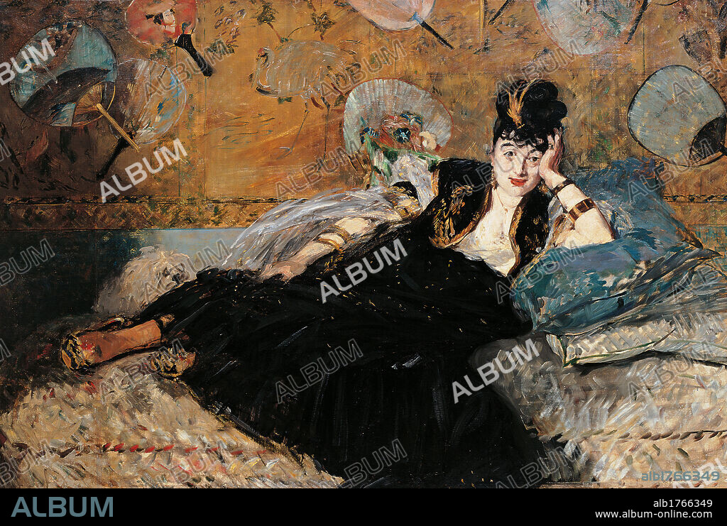 Woman with Fans (Nina de Callias), by Edouard Manet, 1873-1874 about, 19th Century, oil on canvas, cm 113,5 x 166,5. France, Ile de France, Paris, Muse dOrsay, RF2850. All. Gentlewoman fan Nina de Callias lying interior room dress black fan bracelet pillow bed.