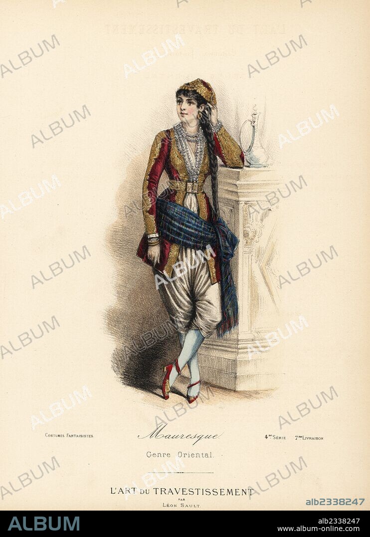 Fancy dress costume of a Moor (Muslim) girl, in tunic and cap embroidered in gold, pearl necklace, sash belt, silk culottes, with her long hair in a pigtail. Handcoloured lithograph after a design by Leon Sault from "L'Art du Travestissement" (The Art of Fancy Dress), Paris, c.1880. Sault was a theatre and opera designer and luxury fashion magazine publisher.